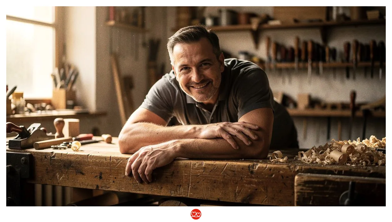 Handwerker lehnt entspannt lächelnd an einer Werkbank, selbstbewusste Körperhaltung, natürliches Licht, Canon R5 85mm f/1.4