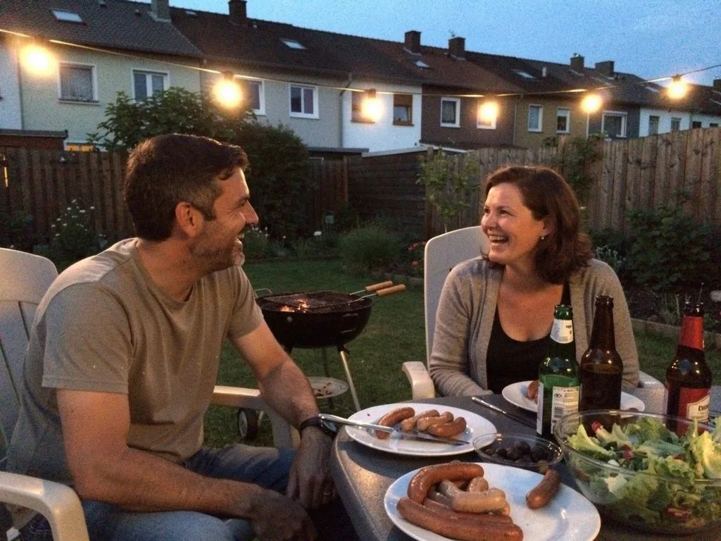 Paar um die 40 lacht beim Grillabend im Garten einer Ruhrgebiets-Reihenhaussiedlung, Lichterkette